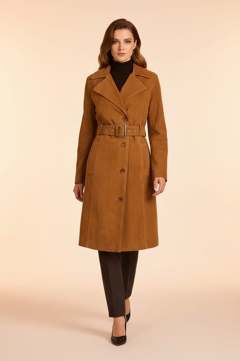 Golden brown leather parka — model walking pose
