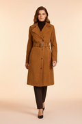 Golden brown leather parka — model walking pose