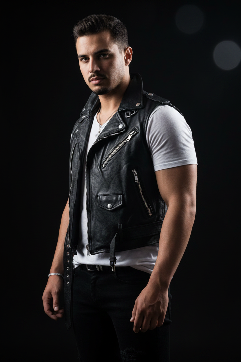 Men's black leather buckle biker vest – three-quarter angle