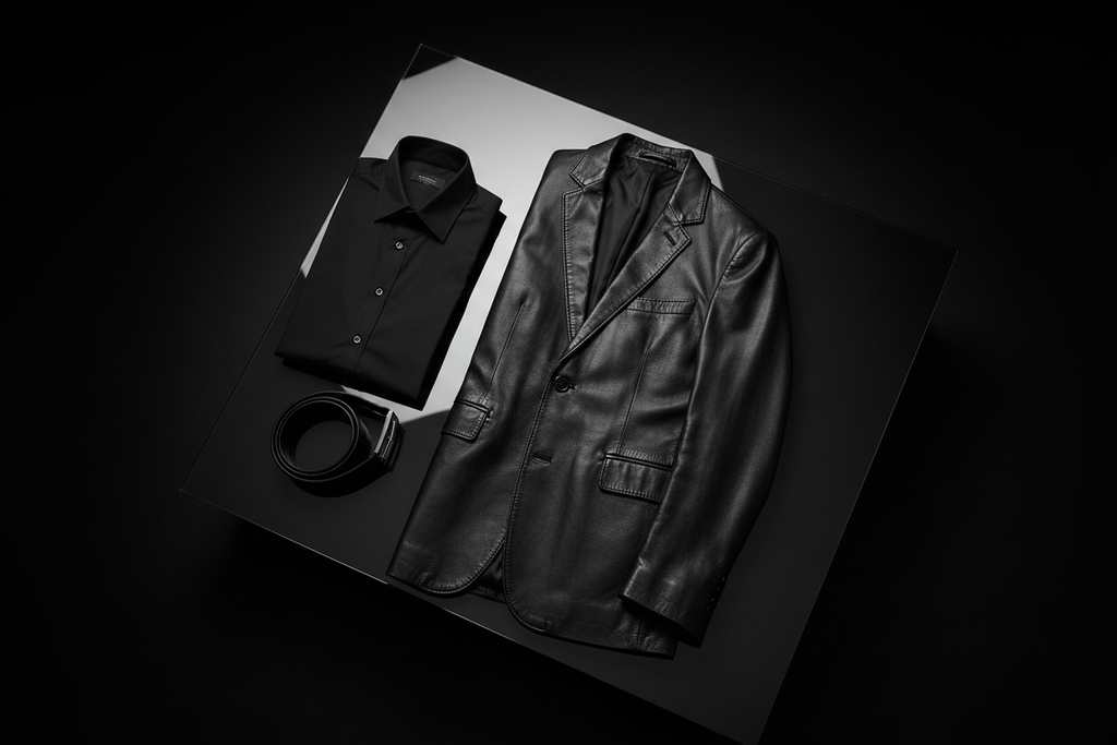 Men's black leather blazer flat lay styled