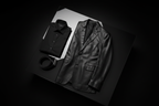 Men's black leather blazer flat lay styled