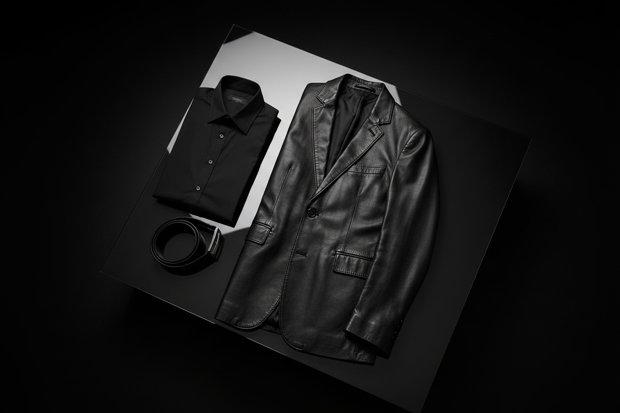 Men's black leather blazer flat lay styled