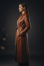 Side profile of women's long brown leather coat, cinematic studio shot