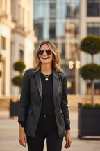 Black leather blazer outdoor golden hour editorial