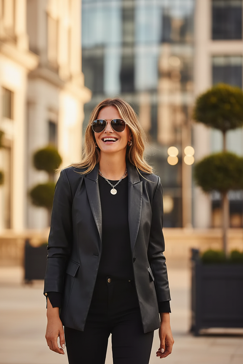 Black leather blazer outdoor golden hour editorial