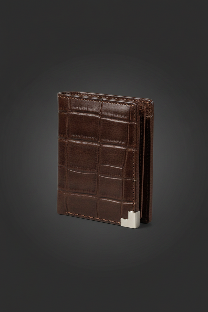 3/4 angle - wallet upright showing thickness and stitching