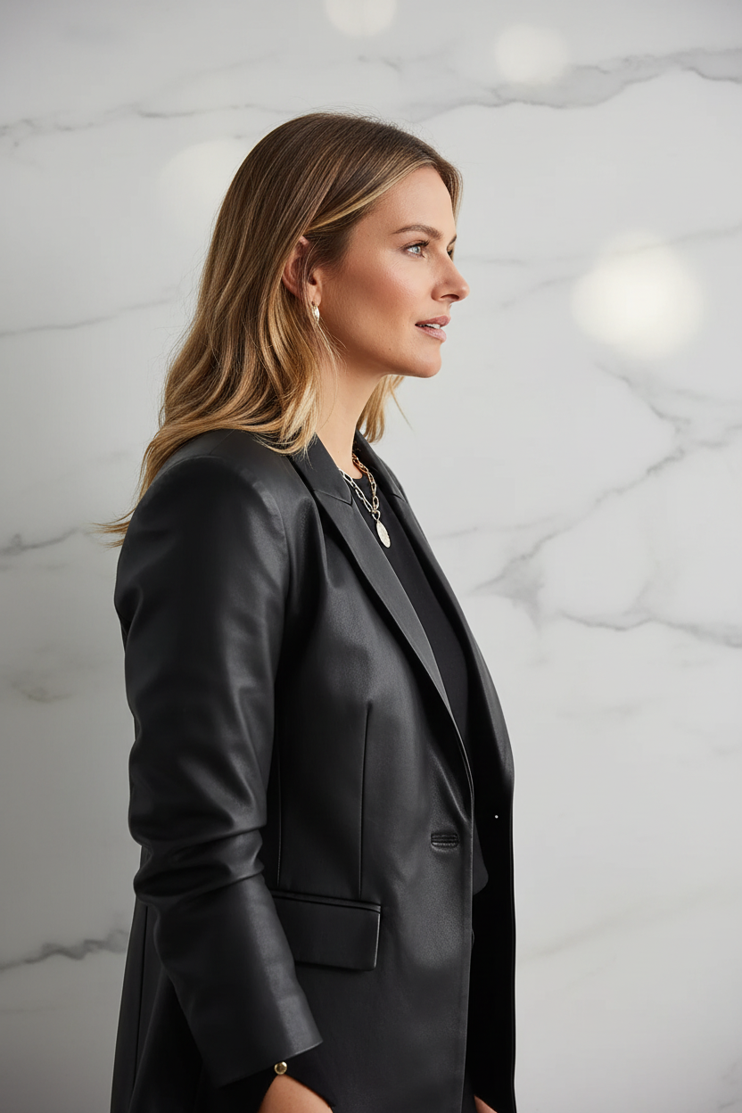 Black leather blazer side profile marble background