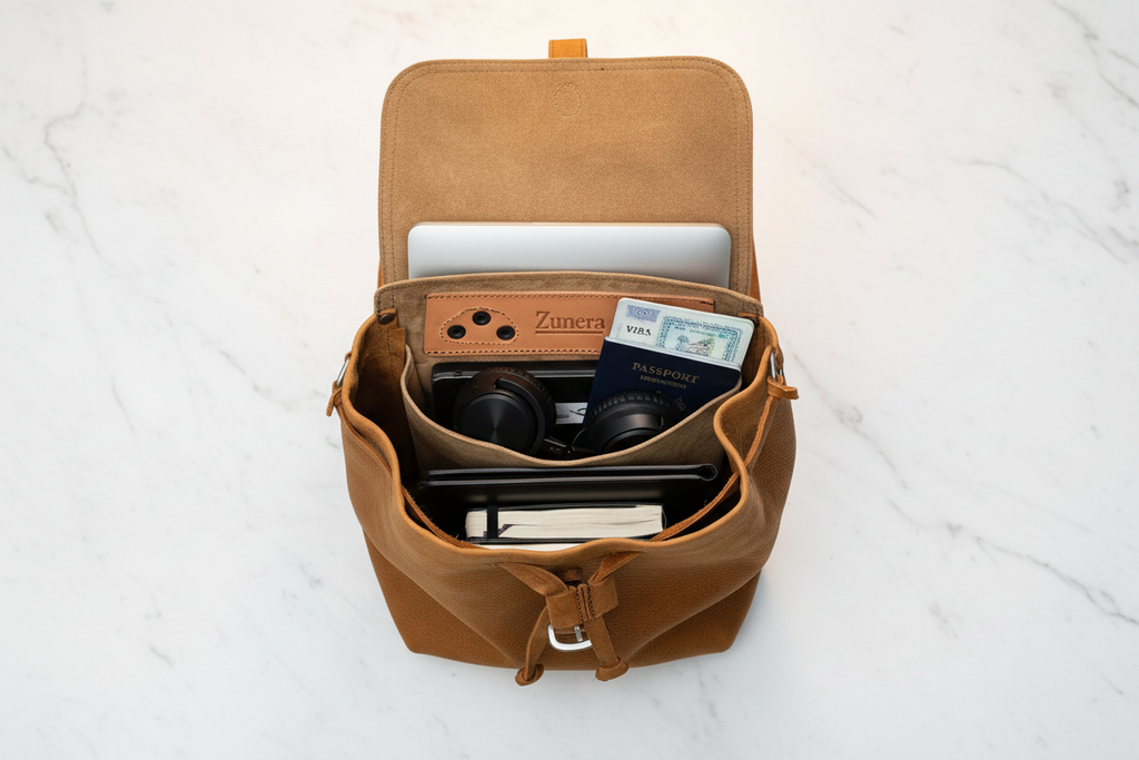 Zunera leather backpack interior flat lay with laptop and passport
