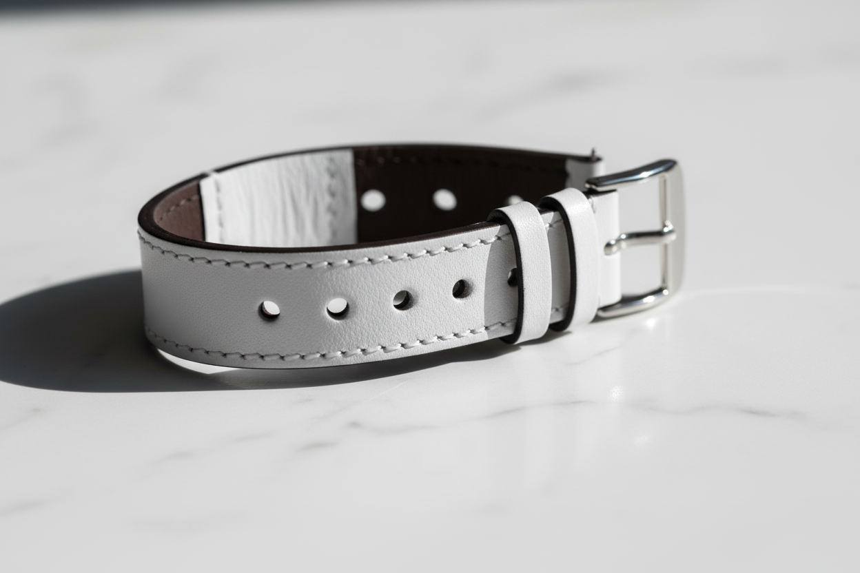 White rally perforated leather watch strap — 8K cinematic
