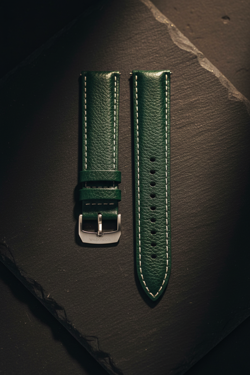 Forest green Saffiano leather watch strap — cinematic studio