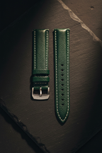 Forest green Saffiano leather watch strap — cinematic studio