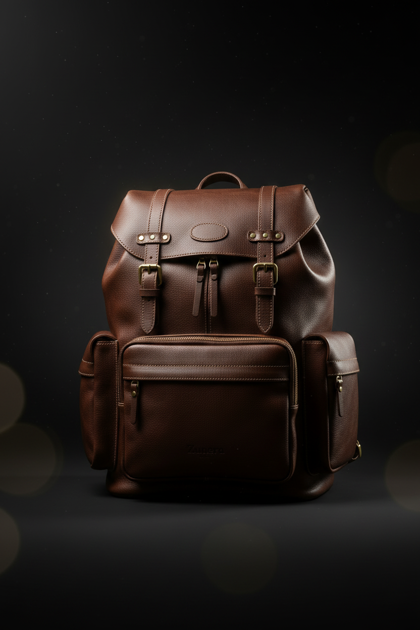 Dramatic cinematic low-angle shot of Zunera Premium Leather Backpack