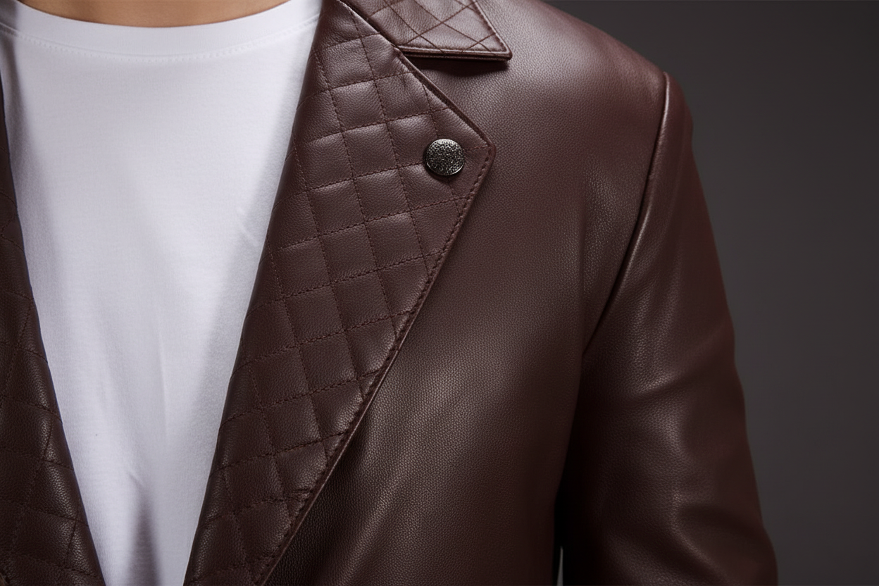 Dark brown quilted leather blazer quilted lapel detail