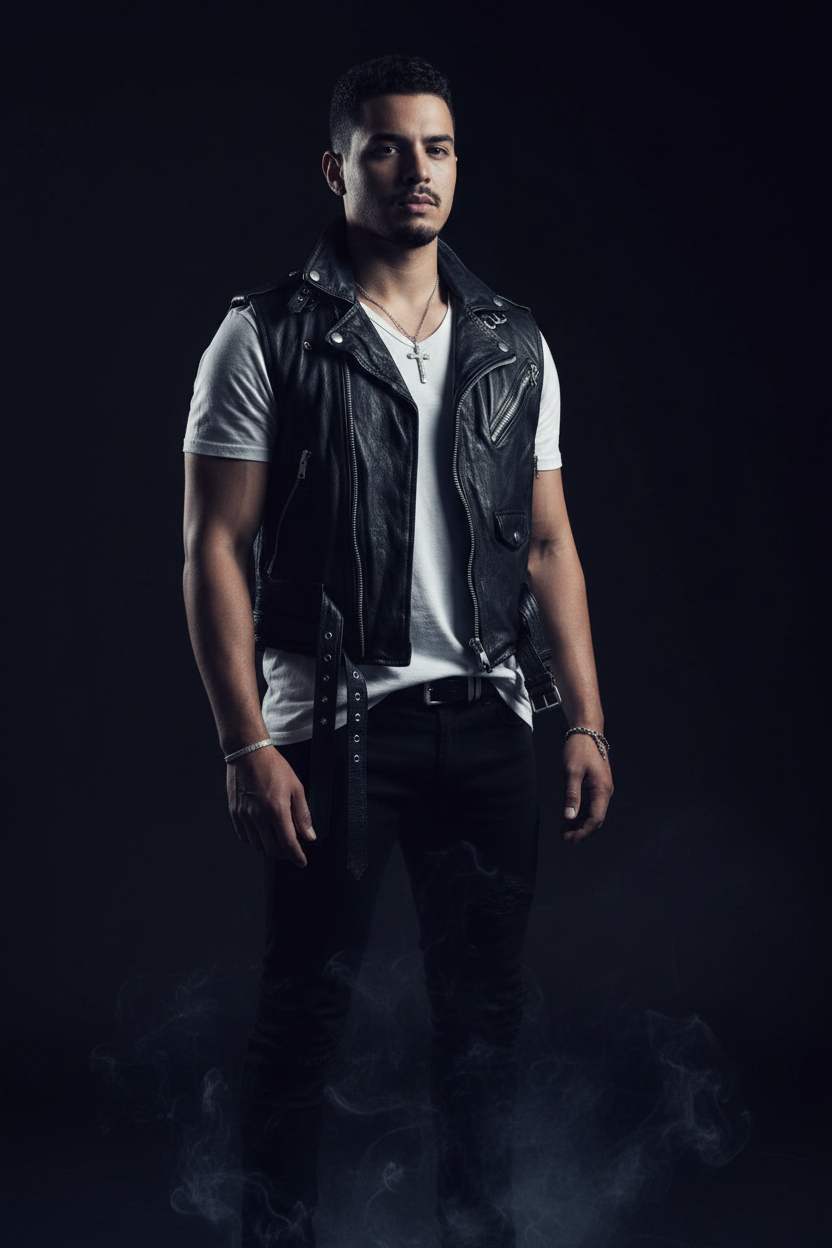 Men's black leather buckle biker vest – full body