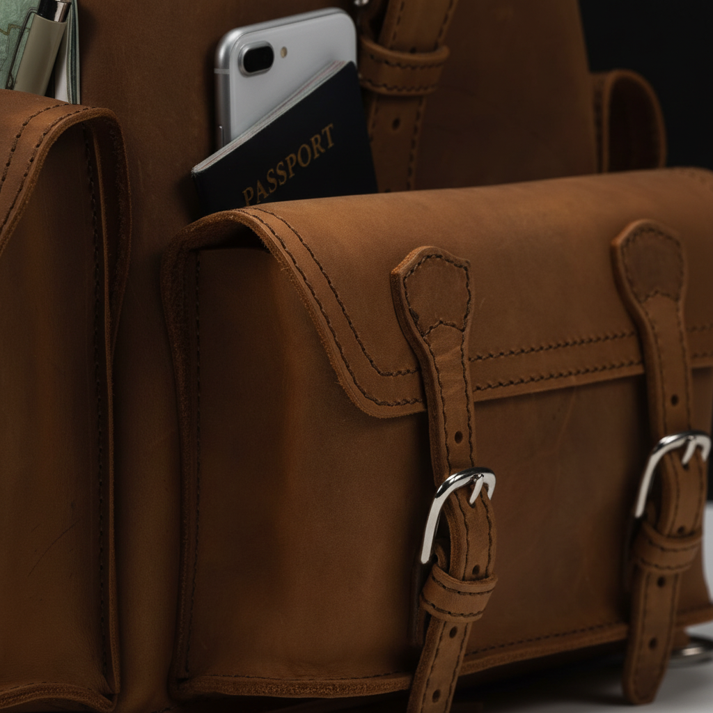 Leather backpack hardware and stitching close-up