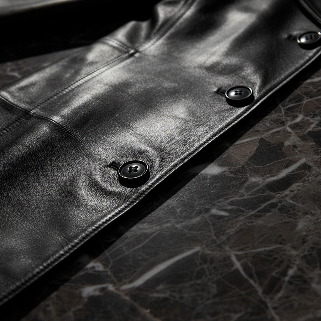 Black leather trench coat — detail texture shot