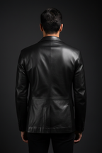 Men's black leather blazer back view