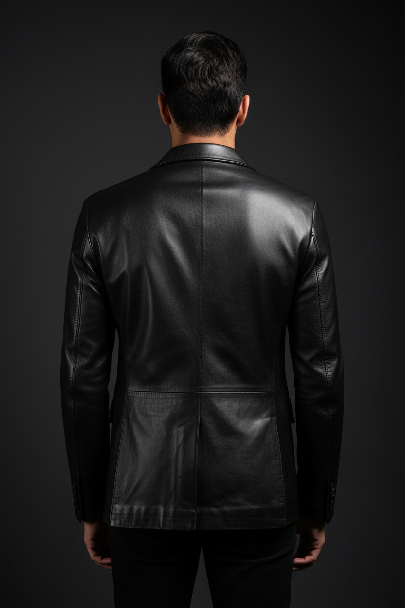 Men's black leather blazer back view