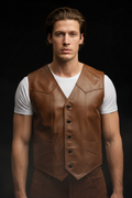 Men's brown leather western vest – front pose