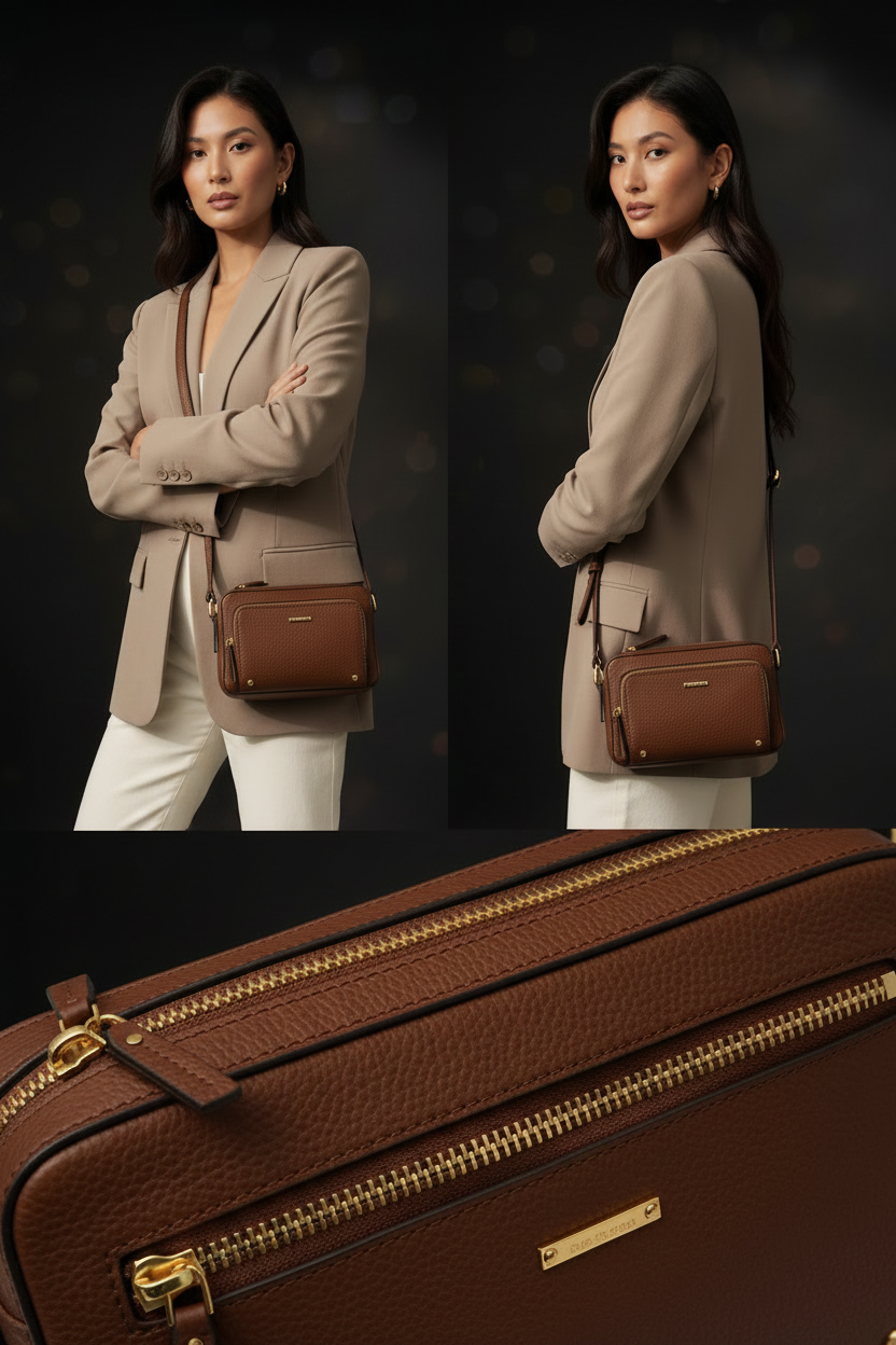 Model wearing brown leather crossbody bag - front view