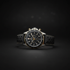 Black rally strap on luxury chronograph — cinematic studio