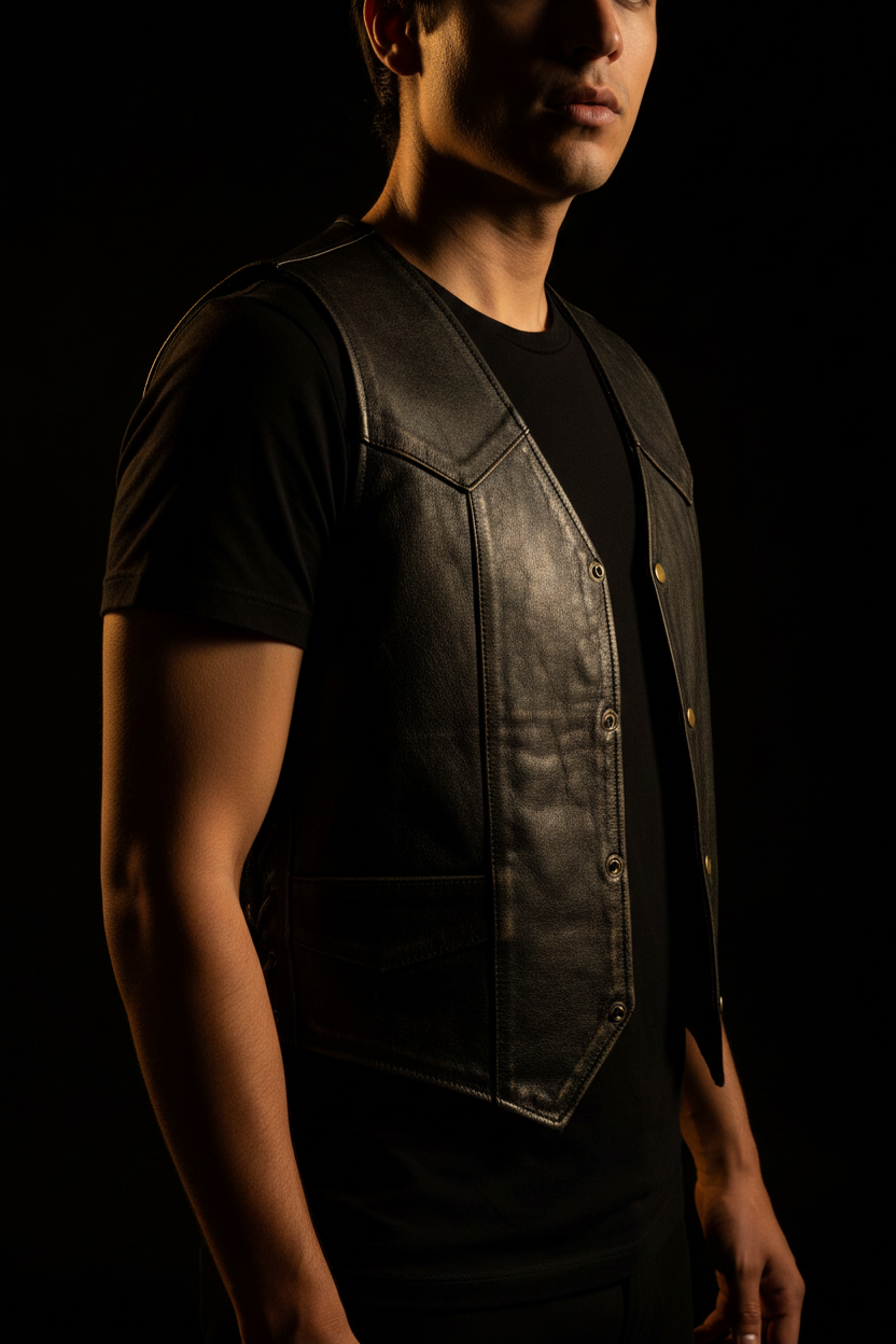 Men's distressed black leather snap vest – three-quarter angle