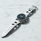 White rally strap on sport watch — cinematic studio