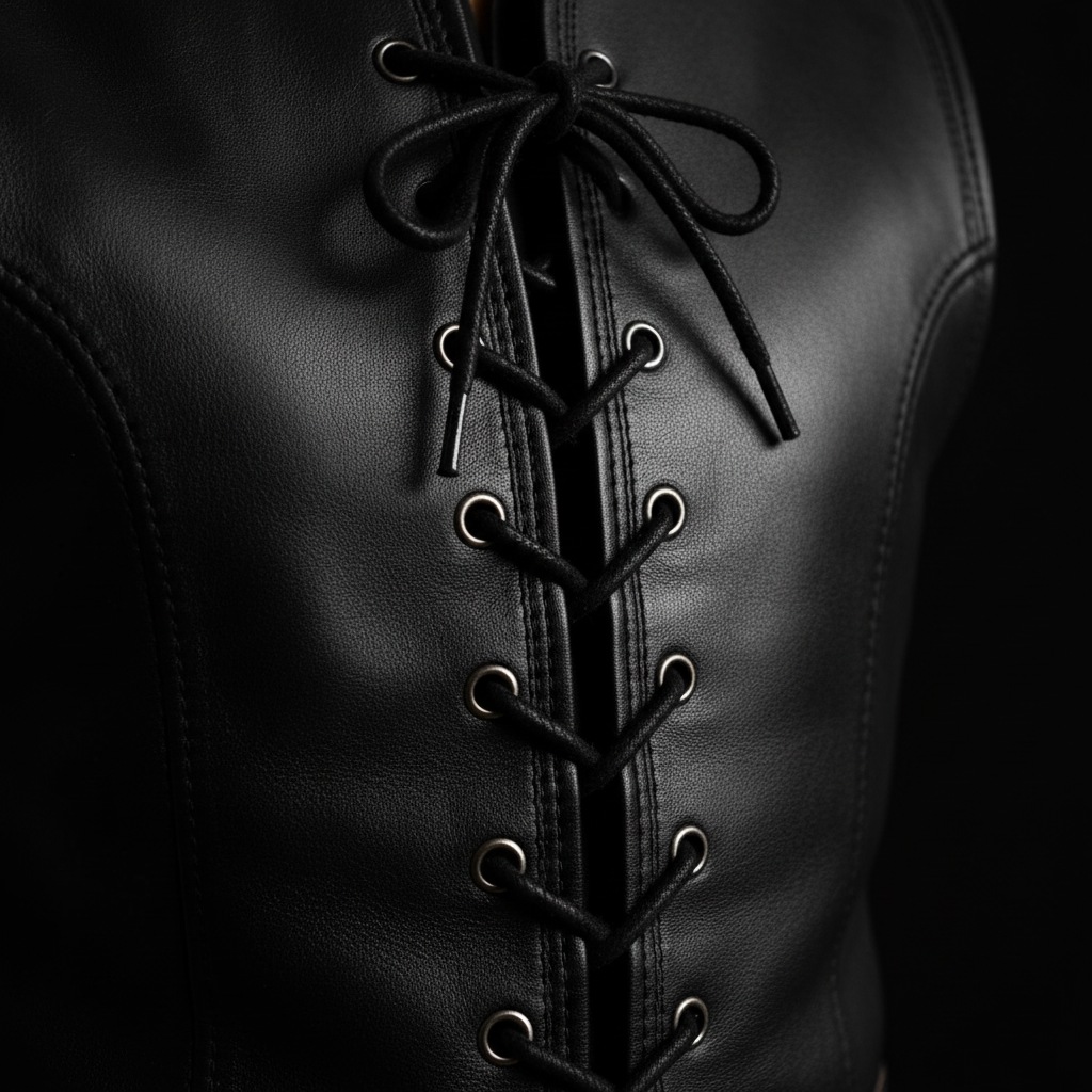 Black leather medieval lace-up vest – lace and eyelet close-up