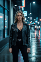 Black Leather Biker Jacket – Full Body Night Shot