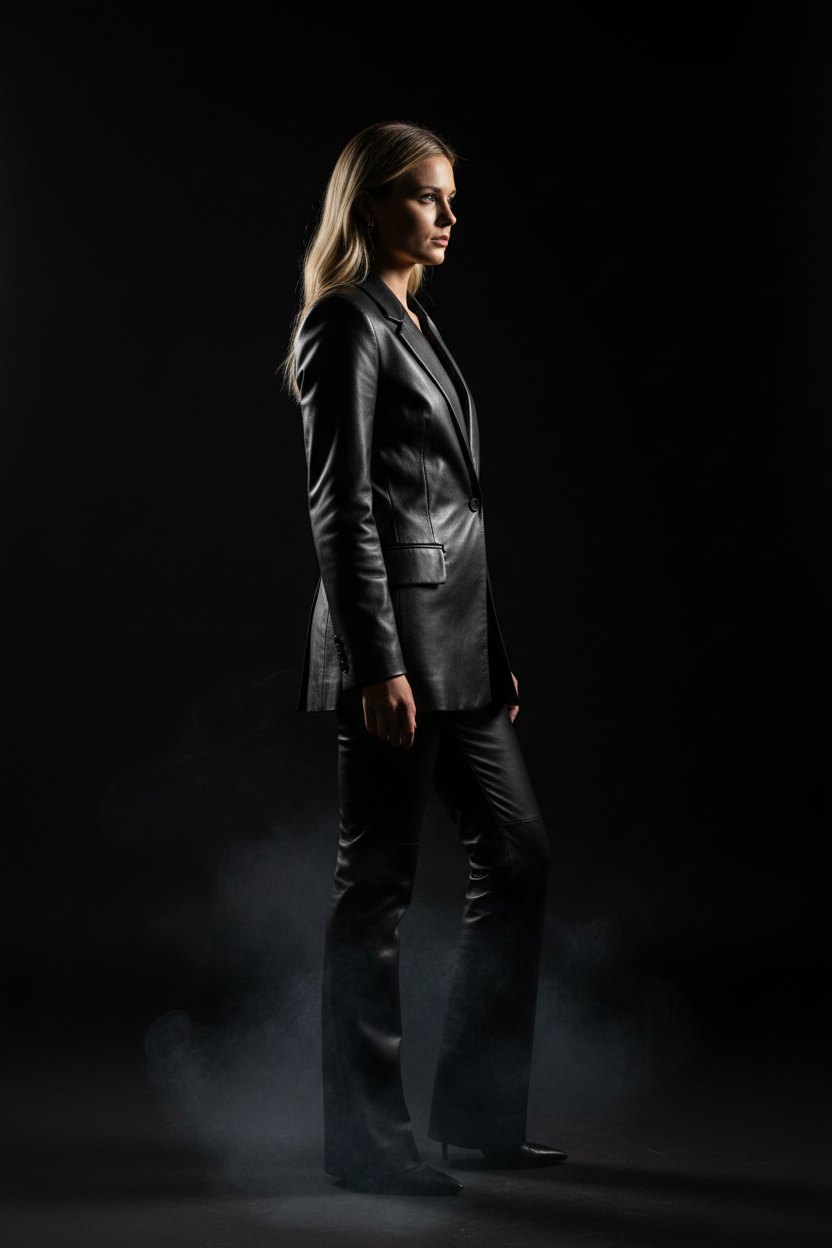 Women's black leather blazer suit side profile