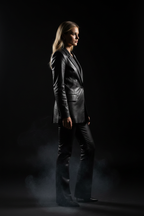 Women's black leather blazer suit side profile