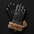 Black leather gloves with fur trim - front view