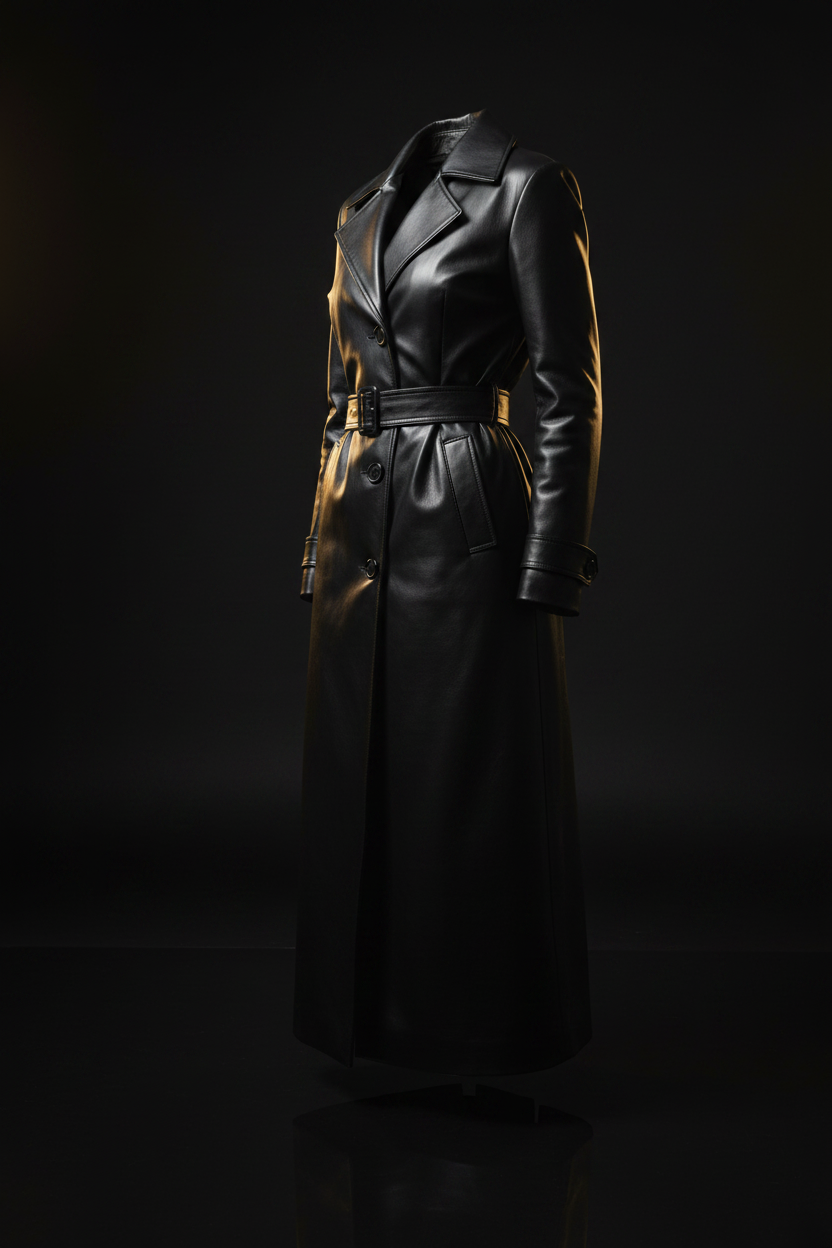 Black leather trench coat — three-quarter angle