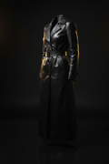 Black leather trench coat — three-quarter angle
