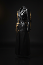 Black leather trench coat — three-quarter angle
