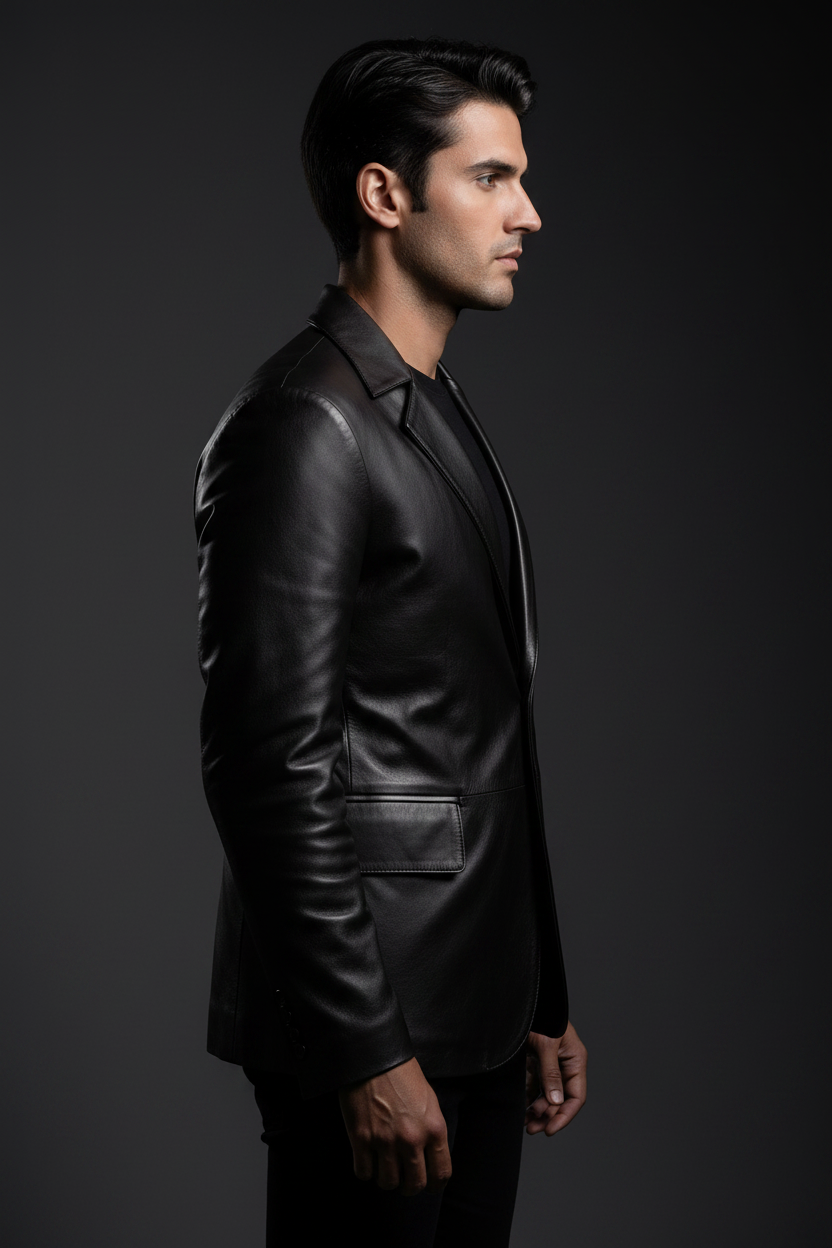 Men's black leather blazer side profile view