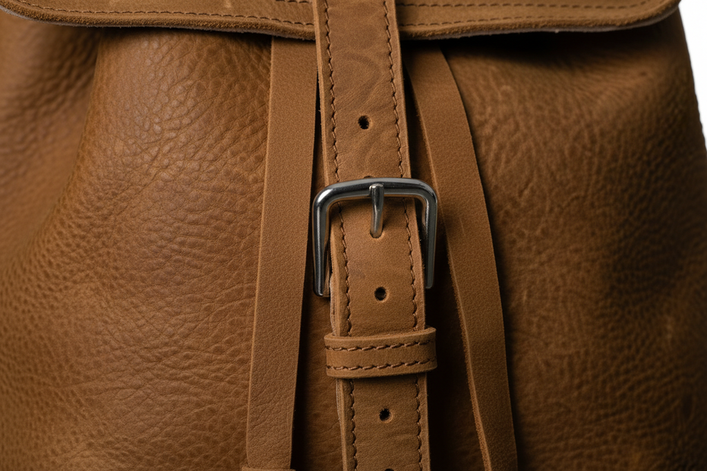 Macro close-up of Zunera leather backpack buckle stitching and hardware