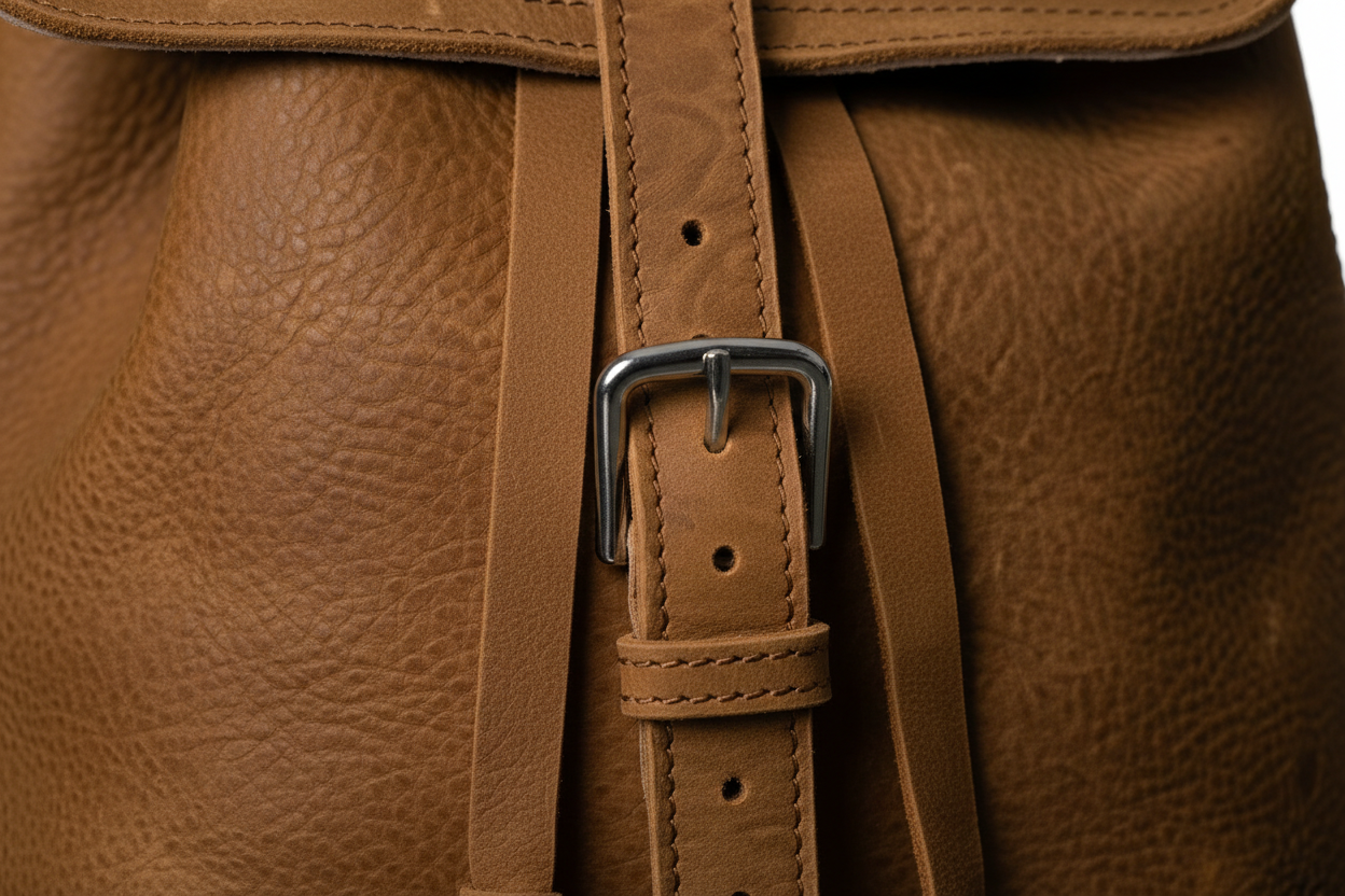 Macro close-up of Zunera leather backpack buckle stitching and hardware