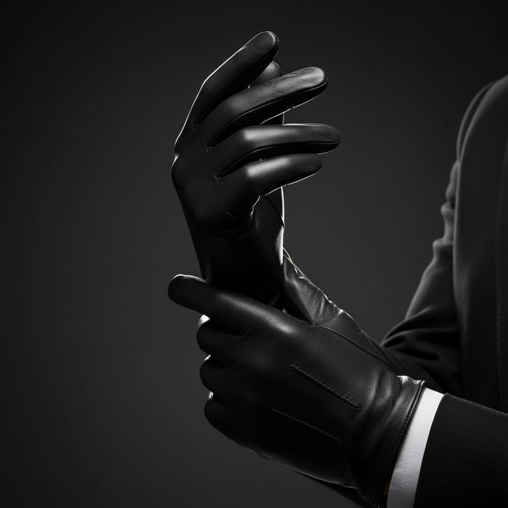 Men's black leather gloves - side profile