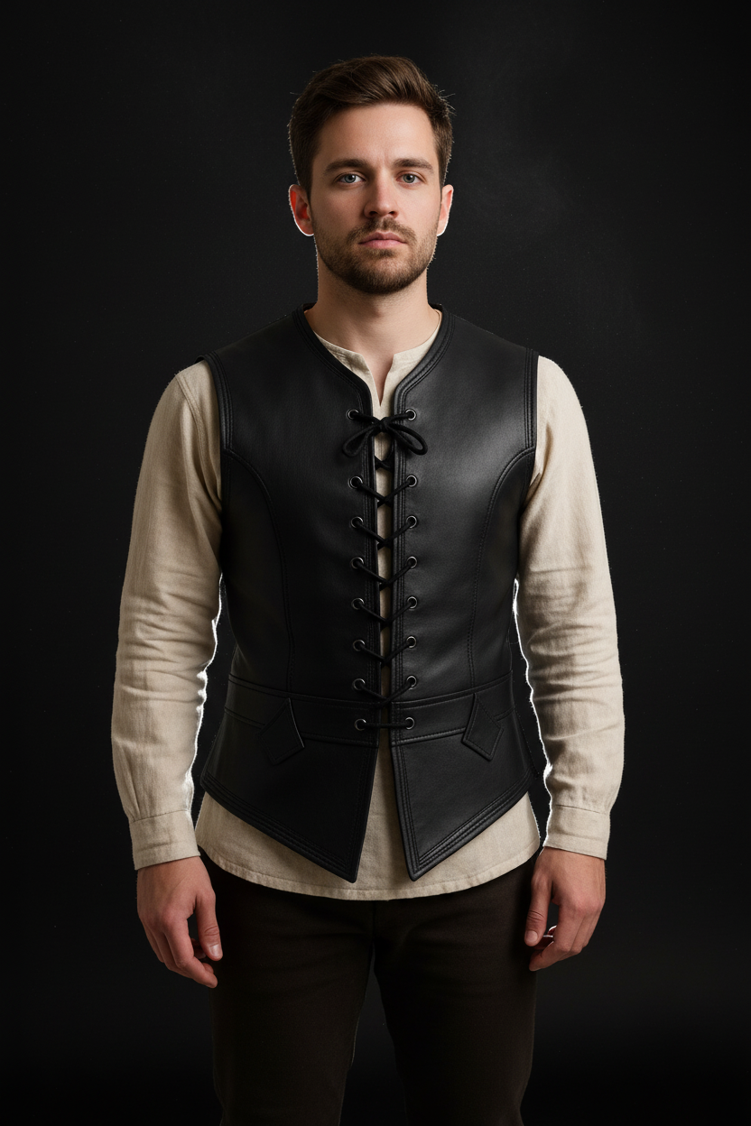Black leather medieval lace-up vest – front pose