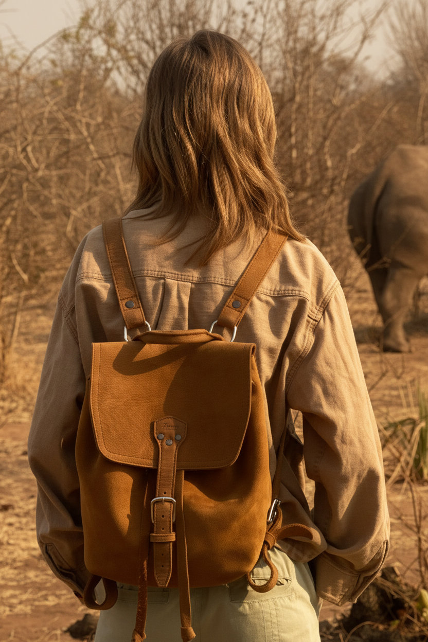 Woman wearing Zunera leather backpack at golden hour African savanna