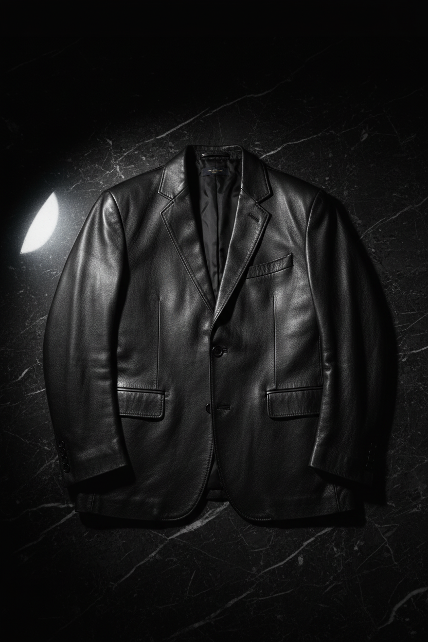 Men's black leather blazer flat lay on dark marble