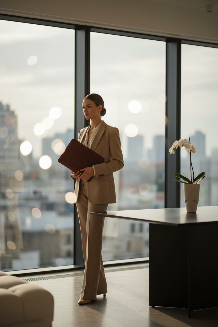 Female model in beige blazer holding brown leather laptop sleeve