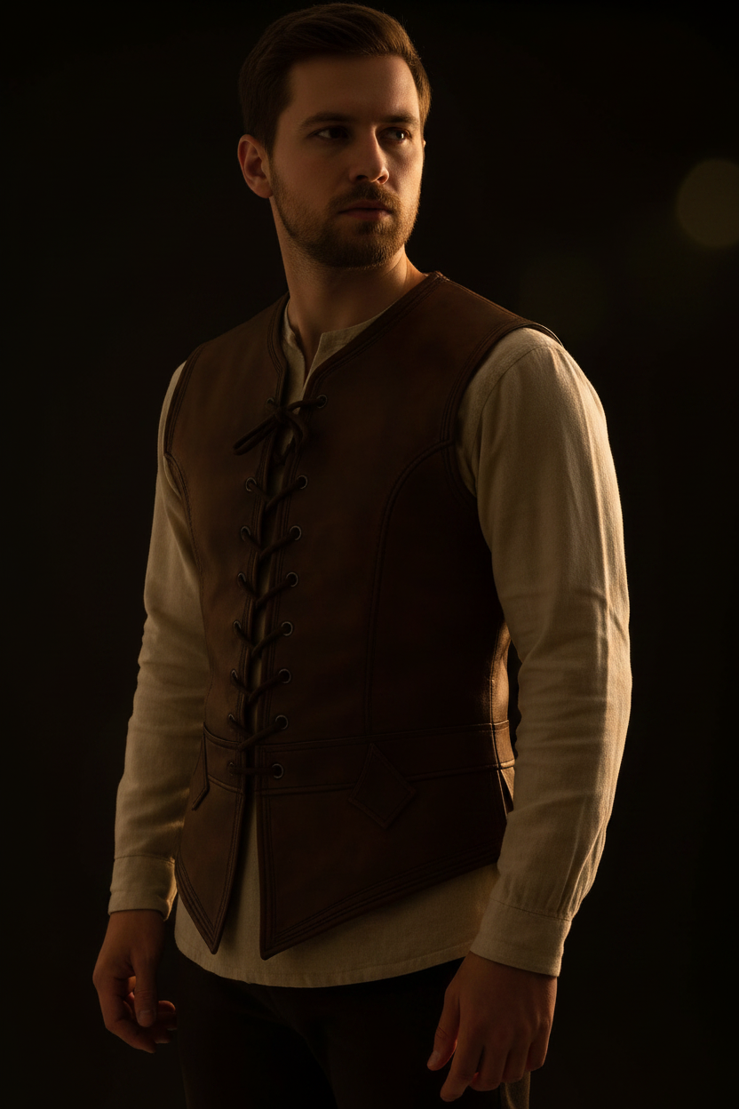Men's brown leather medieval lace-up vest – three-quarter angle