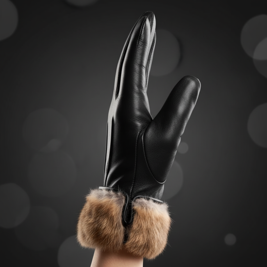 Black leather gloves with fur trim - side profile