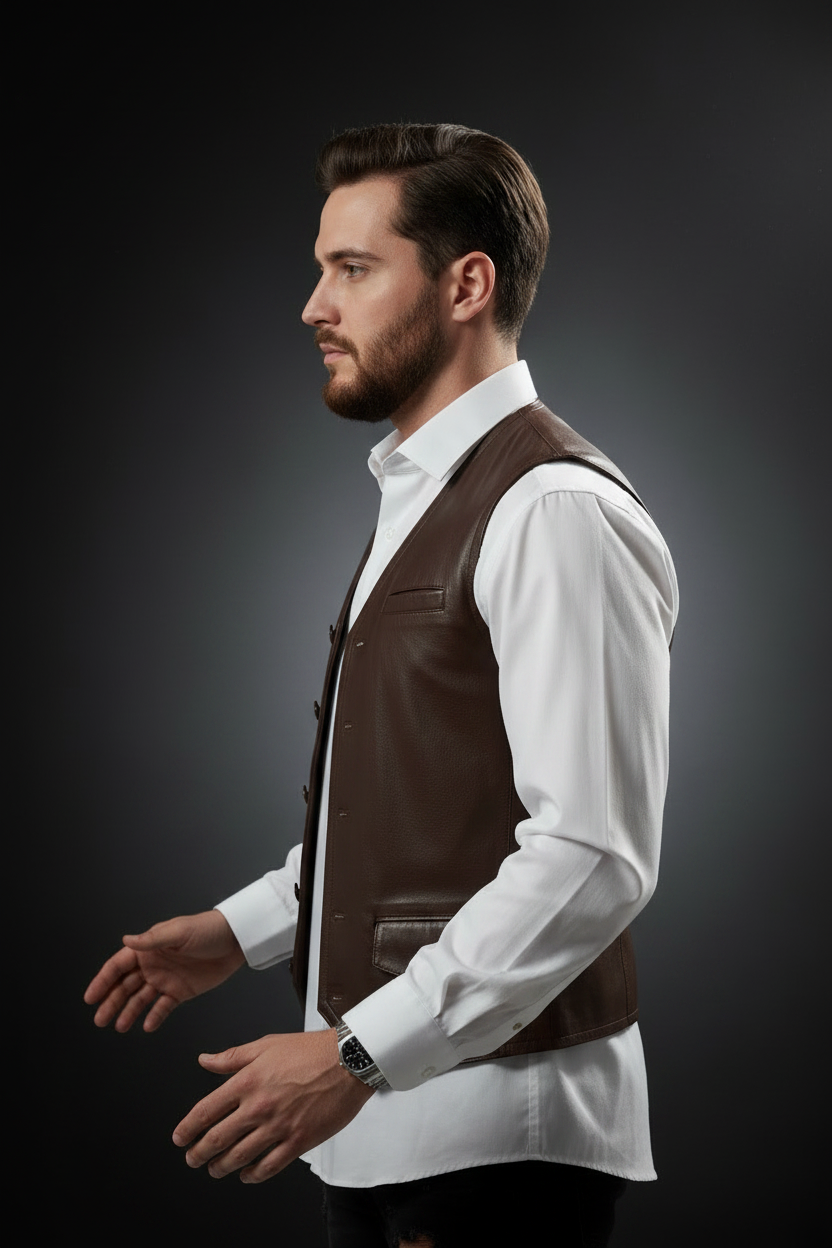 Men's brown leather vest – side profile
