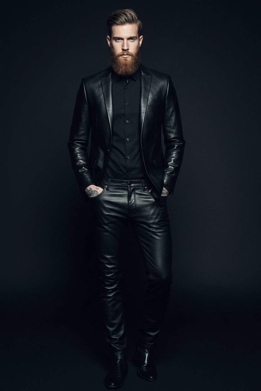 Men's black leather blazer full body hands in pockets