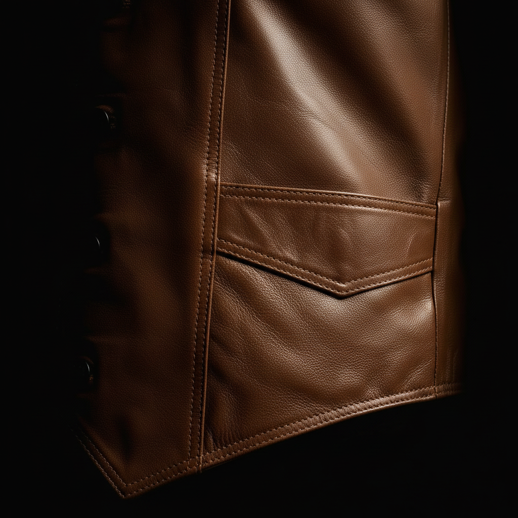 Men's brown leather western vest – chest pocket and hem close-up