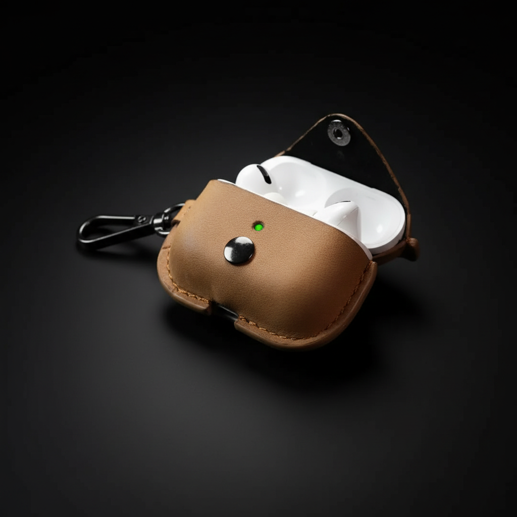 Leather AirPods Pro case — 45 degree studio dark shot