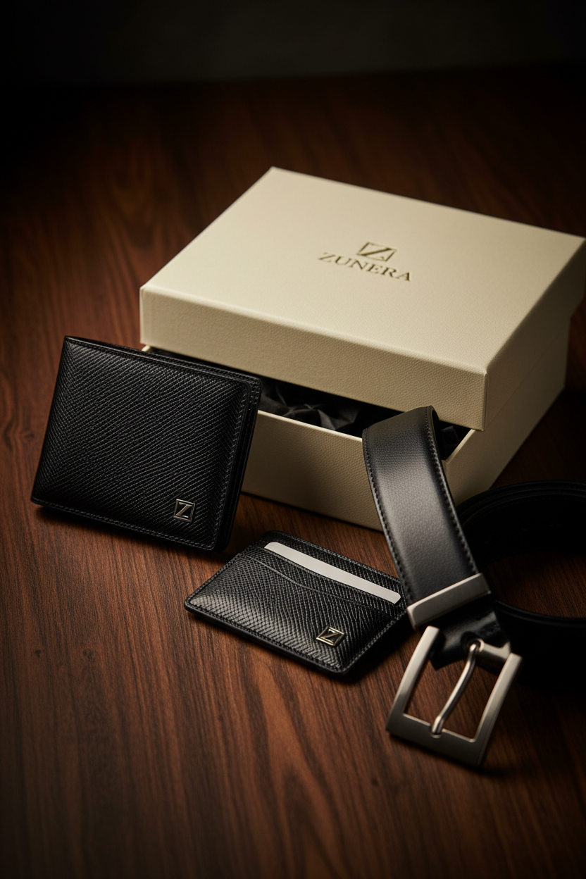 3/4 angle - gift set with Zunera box on wooden surface